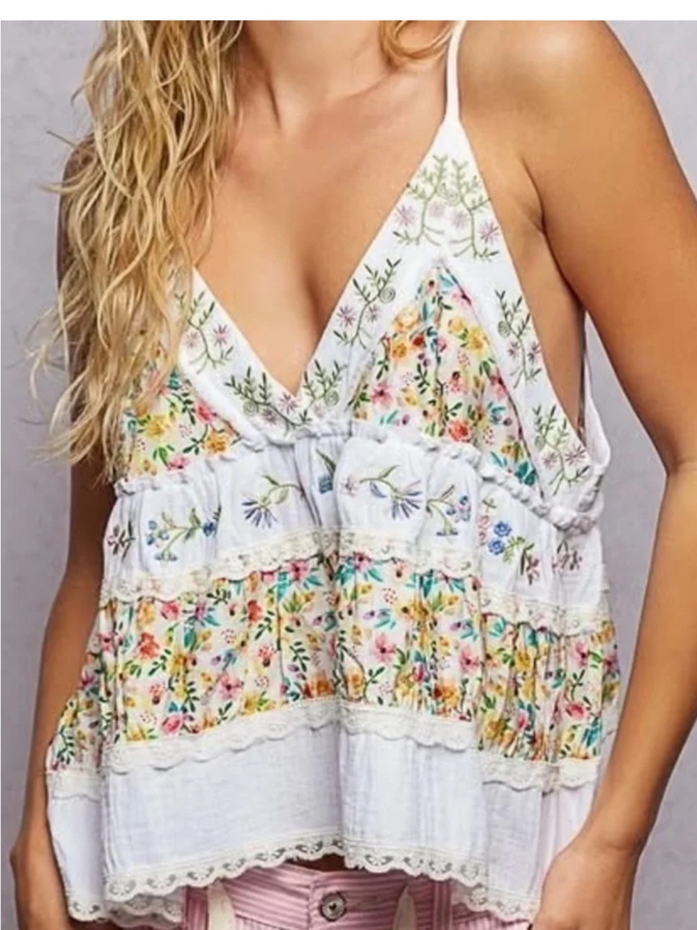 POL White Floral Embroidered V-Neck Camisole